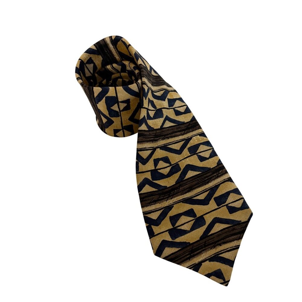 Haggar Silk Tie Tan Blue Brown Geometric Mens Necktie Office Work Formal Gift